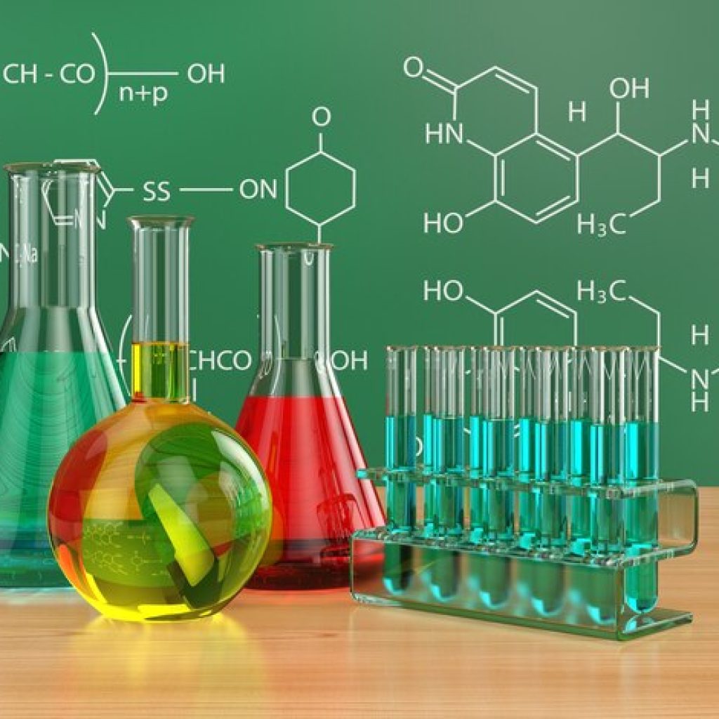 chemical flasks blackboard with formulas 3d 505080 429